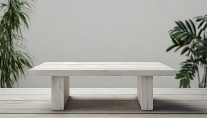 a white wooden table placed against a white background, offering a pristine and neutral platform for showcasing various products. Focus on creating a seamless and appealing display environment.
