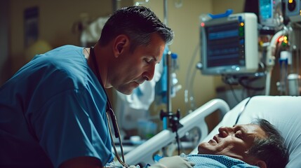 A healthcare professional attentively listens to an elderly patient in a hospital bed.