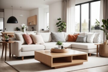Fototapeta premium Scandinavian Interior home design of modern living room with wooden table and white sofa with ornamental plants near the window