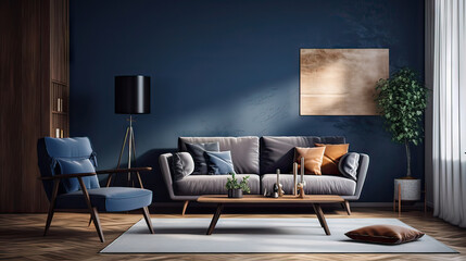 Interior of living room with comfortable sofa, floor lamp and table with flowers near blue wall