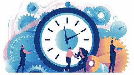 Time management. Under time pressure. Teamwork and clock - a metaphorical representation of time pressure. Business  illustration, Generative AI 