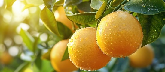 Ripe yellow grapefruit on citrus orchard tree branch.