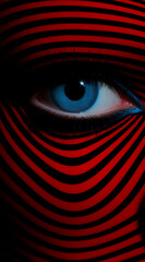 close-up of blue eye with black and red stripes, ai generated