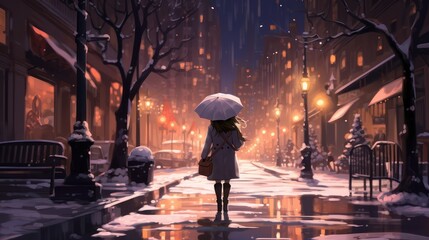 Little sweet girl carrying umbrella in the middle of evening city street in dramatic snow season, cartoon illustration. - obrazy, fototapety, plakaty