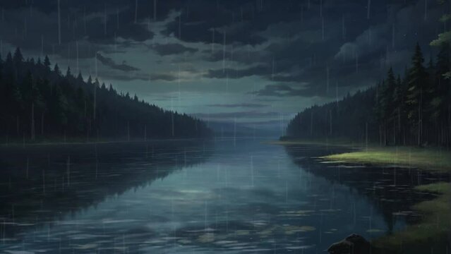 the atmosphere beside the river at night with heavy rain and lightning