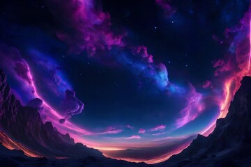 A celestial phenomenon of swirling nebulae and cosmic clouds forming a breathtaking tapestry in the night sky over an alien planet. - obrazy, fototapety, plakaty