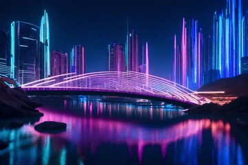 A futuristic cityscape beneath a dazzling display of interconnected holographic bridges, reflecting...
