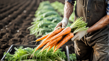 Farm worker harvesting fresh carrot in farm. Organic farm concept. - obrazy, fototapety, plakaty