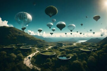 A series of floating islands in the sky, each hosting different ecosystems, representing a...