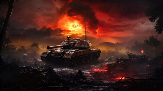 Armored vehicle tank artillery in combat on the battlefront, displaying military firepower. World war illustration