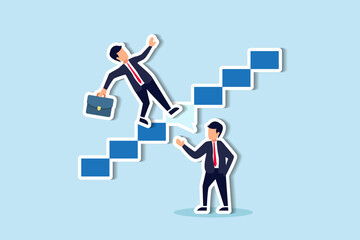 Expert advice or intelligence information to solve business problem, professional consultant or support giving solution concept, businessman expert with speech bubble help connect stairway to success.