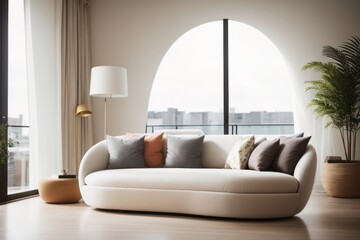 Japandi Interior home design of modern living room with beige curved sofa and large window with home decoration