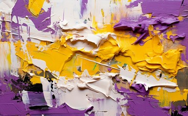 Abstract painting background with bold, purple and yellow color strokes in impasto style