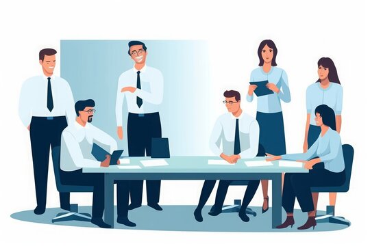 School, education, learning. Business illustration. The business team listens to the male teacher, Generative AI 