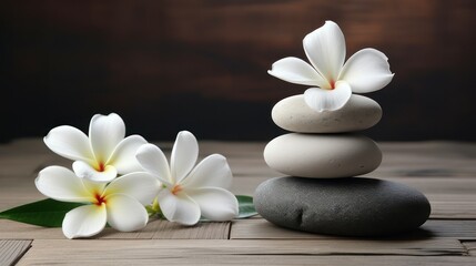 Obraz na płótnie Canvas Balance stone spa massage with white Frangipani or plumeria flowers on wooden floor. Women's body care and beauty clinic.