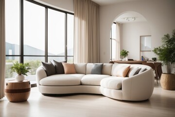 Japandi Interior home design of modern living room with beige curved sofa and large window with home decoration