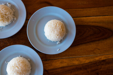 Thai Jasmine rice on plate in restaurant. Rice is staple food of Thailand and Asia, providing...