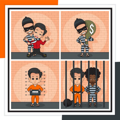 Bundle pack cartoon illustration of criminals character are committing crimes with various activities