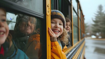 Obraz premium Back to school, School Bus Stories, Photograph kids sharing stories and laughter while riding the school bus, background image, generative AI