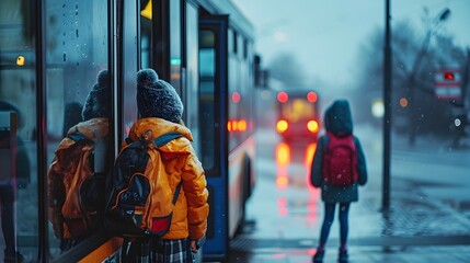 Back to school, Bus Stop Moments, Photograph kids waiting at the bus stop, background image, generative AI - obrazy, fototapety, plakaty