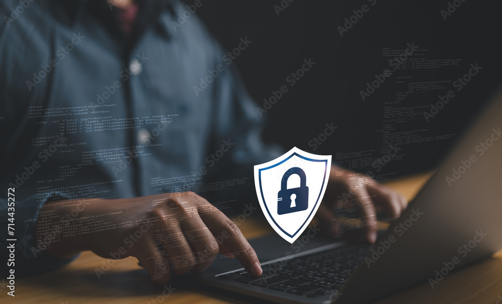 Poster cybersecurity concept Global network security technology, business people protect personal information. Encryption with a key icon on the virtual interface.