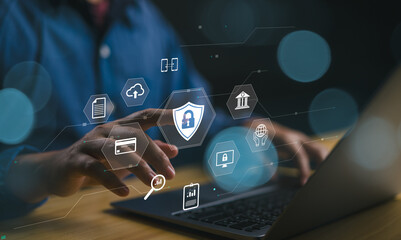 cybersecurity concept. Global network security technology, business people protect personal information. Encryption with a padlock icon on the virtual interface.