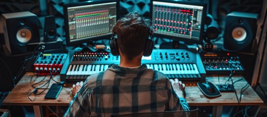 Male arranger creating music in digital studio using MIDI piano and audio gear.