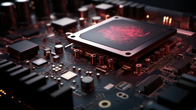 Illustration of a computer processor chip, AI artificial intelligence automatic technology, on a personal computer motherboard. The sophistication of future technology background wallpaper.