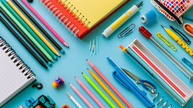 Back to school, School Supplies Flat Lay, Arrange colorful pens, notebooks, and other school supplies in an aesthetically pleasing flat lay, background image, generative AI