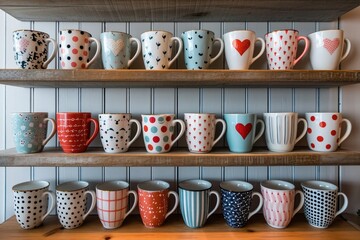Collection of cute mugs with different patterns neatly arranged on open shelves