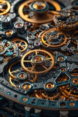 Intricate arrangement of metallic gears and cogs, close-up, showcasing precision engineering and industrial design