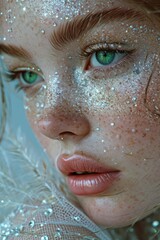 woman wearing diamonds, green eyes, iridescent pastel colors 