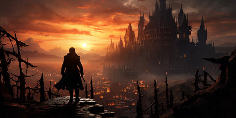 Fototapeta premium Fantasy_Victorian-era_city_street_sunset_crumbling_build