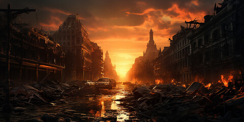 Fototapeta premium Fantasy_Victorian-era_city_street_sunset_crumbling_build