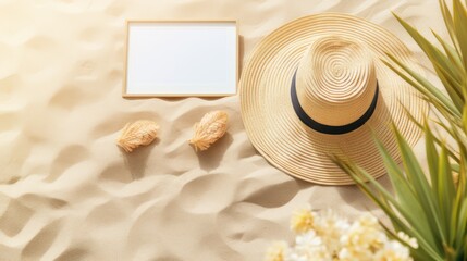 Set up view from above, clean beach sand decorated with a woman's round woven hat, and a blank photo frame. Summber vacation theme.