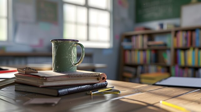 Back to school, Teacher’s Desk Detail, Focus on the details of a teacher's desk with books, a coffee mug, and other tools of the trade, background image, generative AI