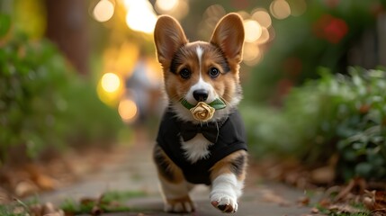 Corgi puppy donning a tuxedo and carrying a rose in its mouth