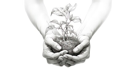 Illustrative sketch of a painting of two hands carrying plant seeds, with the theme of forest greening