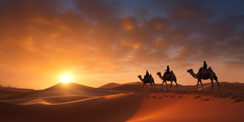 Camel caravan going through the Sahara desert by AI generate.