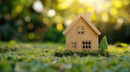 Wooden house model on green grass close to nature.