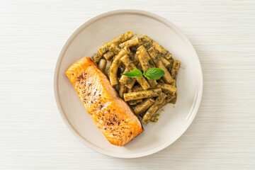 pesto quadrotto penne pasta with grilled salmon