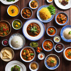 Rich dinner on the table, rice, fish, curry and mushrooms, various soups, grand banquet dinner, spicy food, gastronomy concept background
