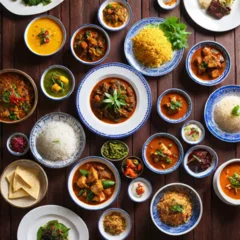 Rich dinner on the table, rice, fish, curry and mushrooms, various soups, grand banquet dinner, spicy food, gastronomy concept background  © Echotime