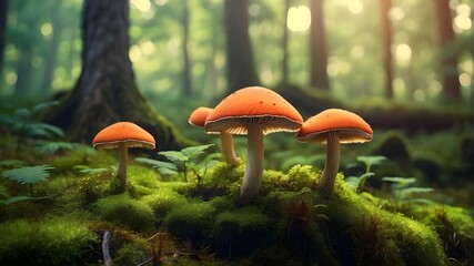 fly mushroom,mushroom in the forest, red mushroom in the forest, Fairytale hallucinogenic mushrooms in a sunny, enchanted forest, growing in green moss. - obrazy, fototapety, plakaty