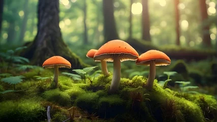 Poster fly mushroom,mushroom in the forest, red mushroom in the forest, Fairytale hallucinogenic mushrooms in a sunny, enchanted forest, growing in green moss. © Adnan