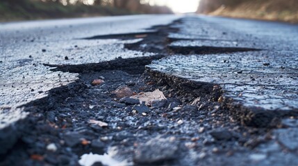 asphalt road that is broken, peeling and potholes