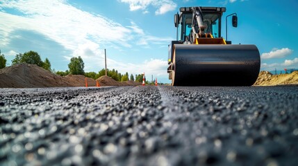 Close view on the road roller working on the new road construction site