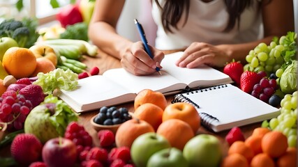 Obraz na płótnie Canvas A person preparing a healthy diet is surrounded by a rainbow of bright fruits and vegetables while writing in a notepad