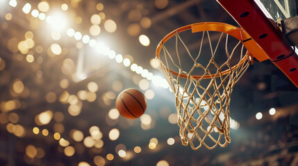 A basket ball flies into the basket against the background of a basketball arena - obrazy, fototapety, plakaty