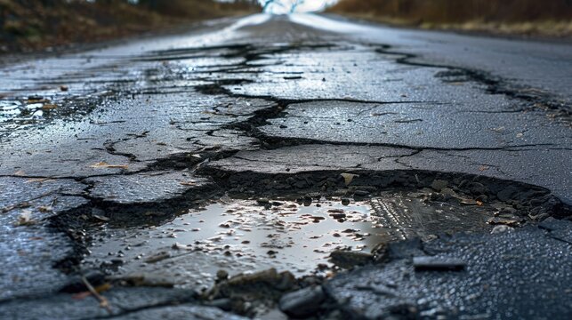 asphalt road that is broken, peeling and potholes